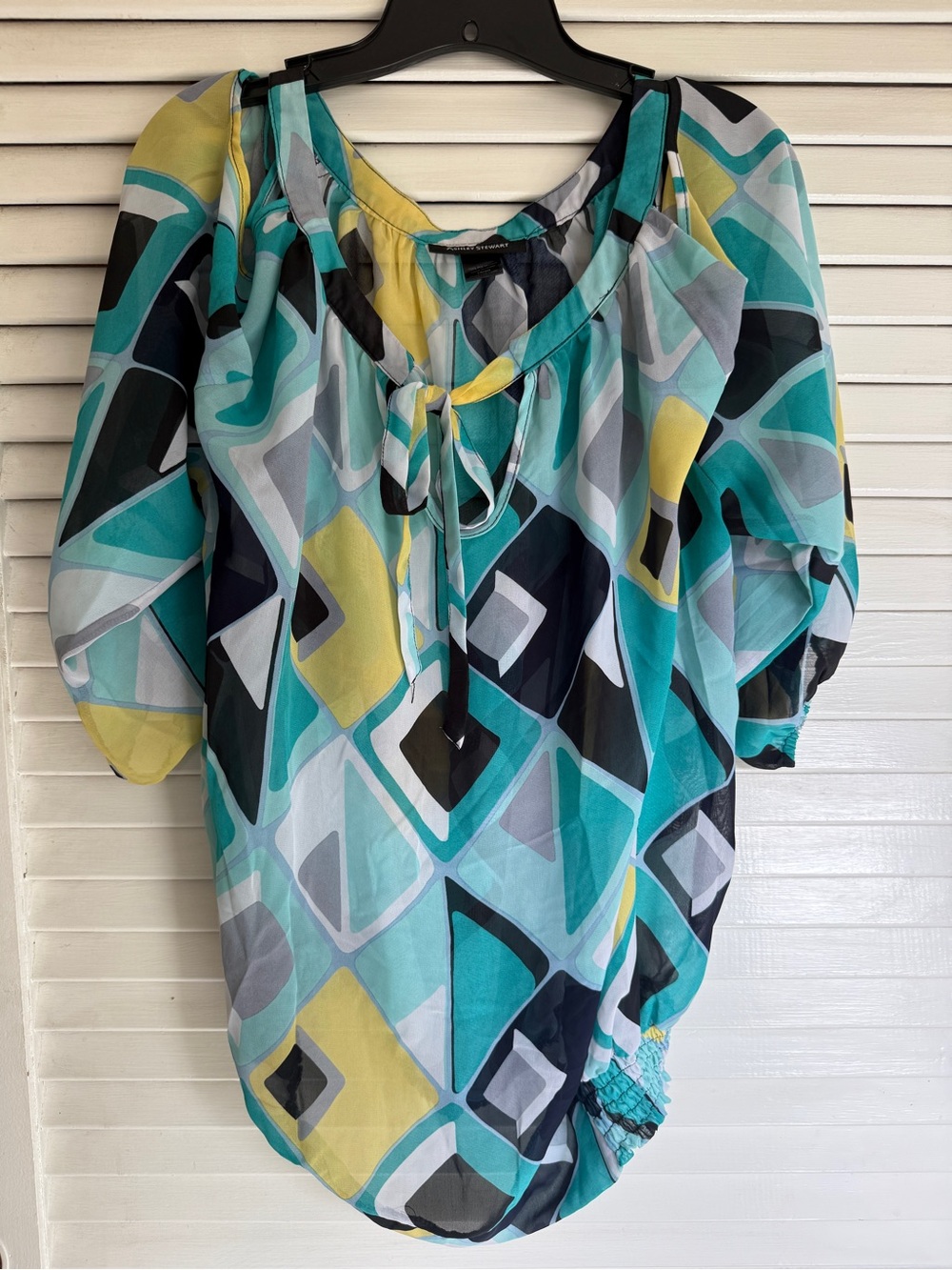 Ashley Stewart Teal, Yellow & Black Geometric Tie-Neck Blouse
